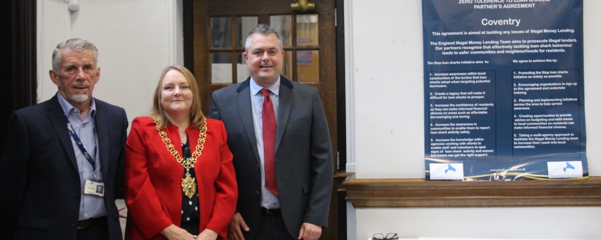 Left to right: Cllr Richard Brown, Coventry Lord Mayor, Cllr Rachel Lancaster and Dave Benbow