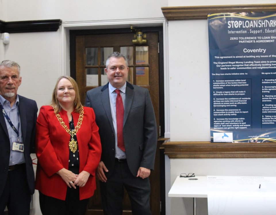 Left to right: Cllr Richard Brown, Coventry Lord Mayor, Cllr Rachel Lancaster and Dave Benbow